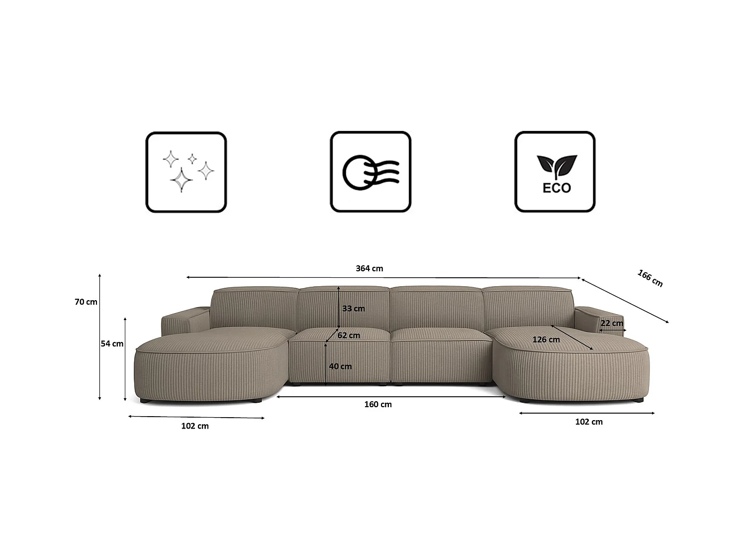 Canapé d'angle en U Round Cursal, tissu Poso, beige foncé