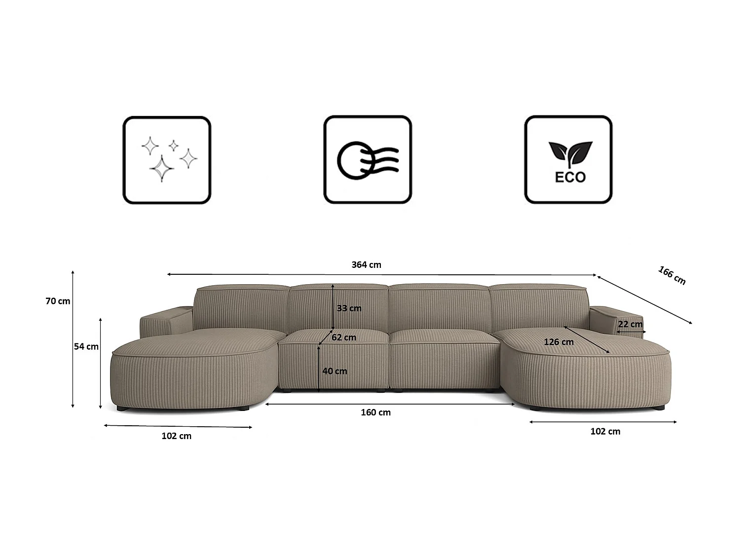 Canapé d'angle en U Round Cursal, tissu Poso, beige foncé