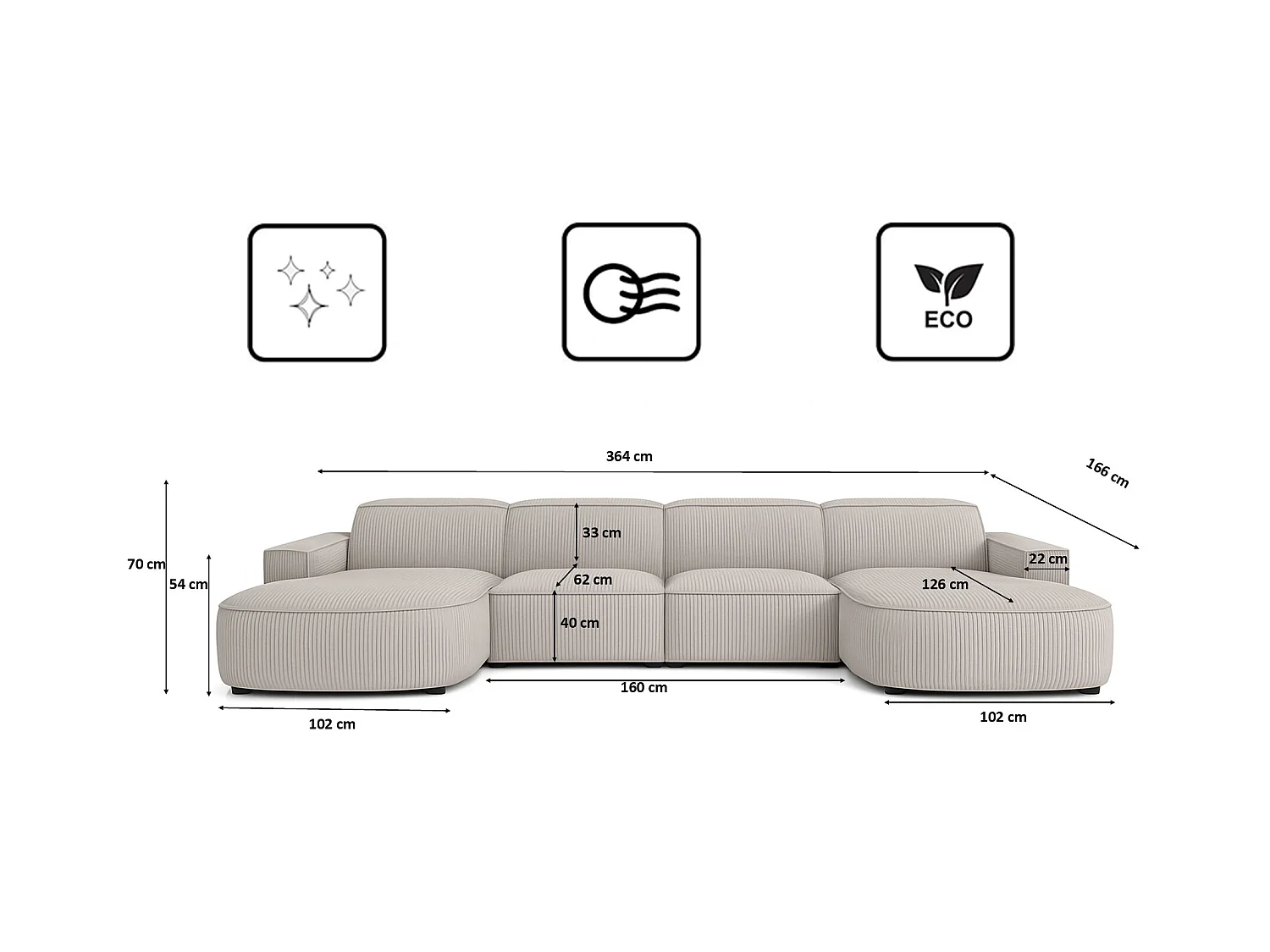Canapé d'angle en U Round Cursal, tissu Poso, beige
