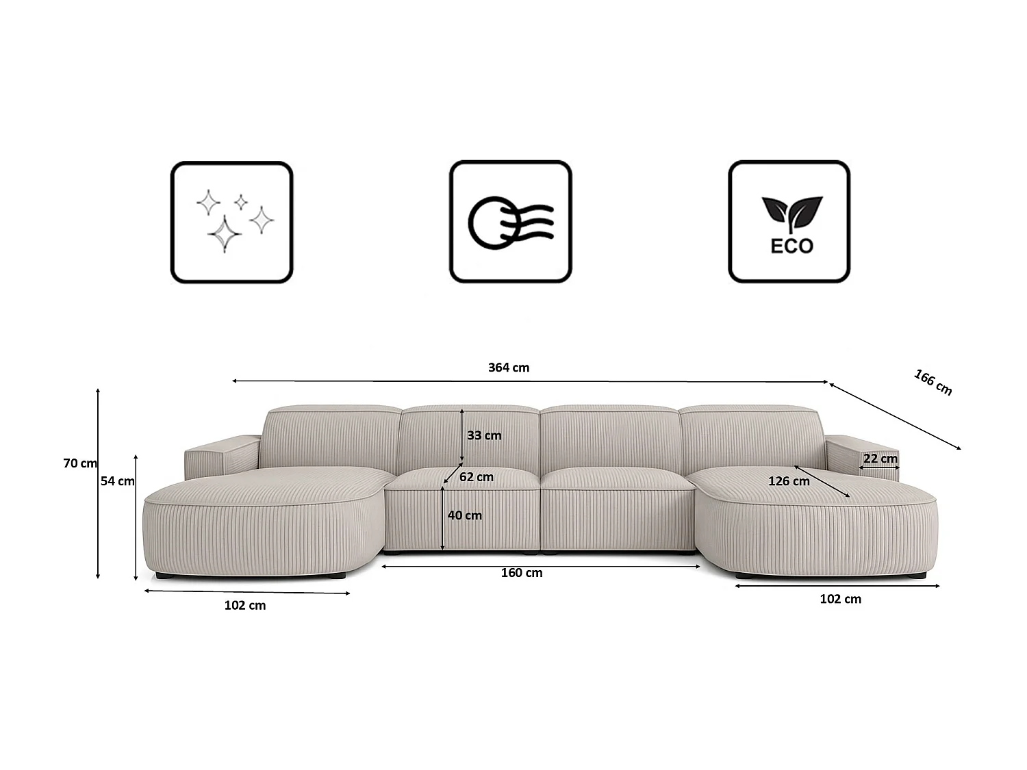 Canapé d'angle en U Round Cursal, tissu Poso, beige