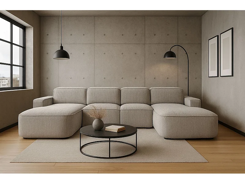 Canapé d'angle en U Round Cursal, tissu Poso, beige