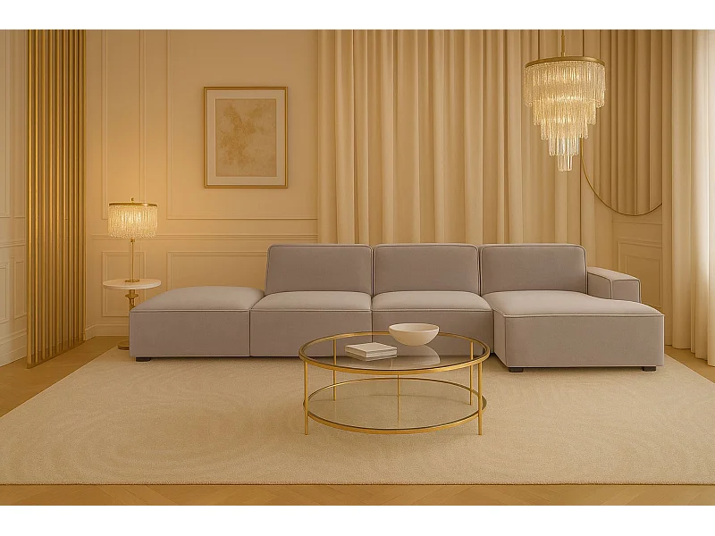 Canapé d'angle en L + tabouret Cursal, tissu Salvador, gris, droit