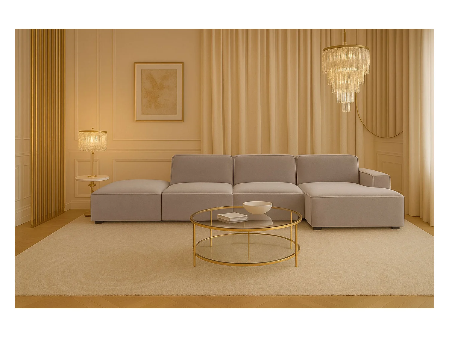 Canapé d'angle en L + tabouret Cursal, tissu Salvador, gris, droit