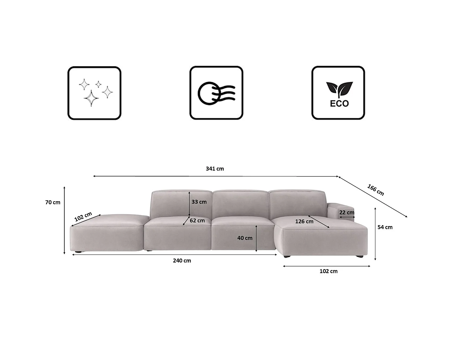 Canapé d'angle en L + tabouret Cursal, tissu Salvador, gris, droit
