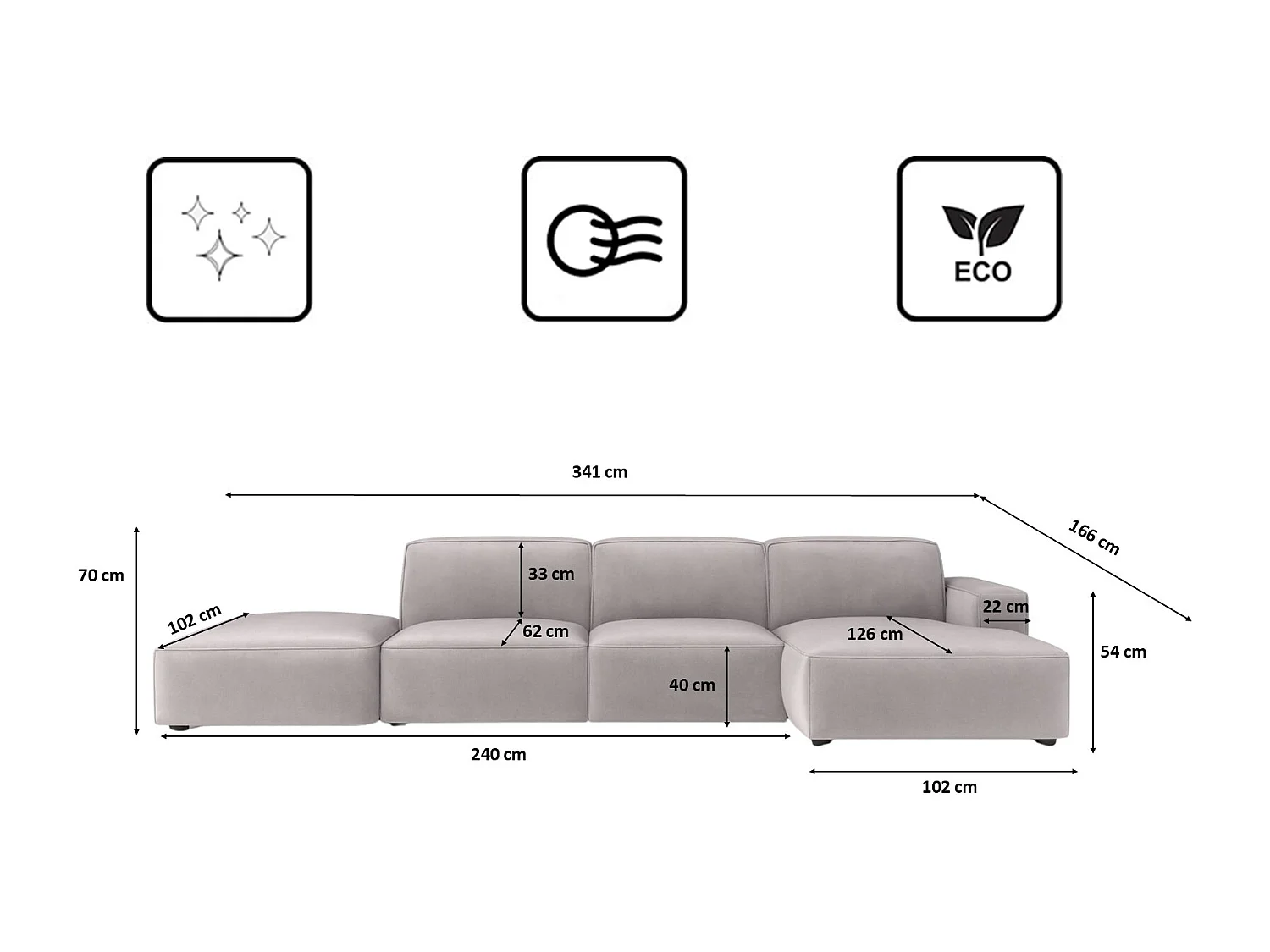 Canapé d'angle en L + tabouret Cursal, tissu Salvador, gris, droit