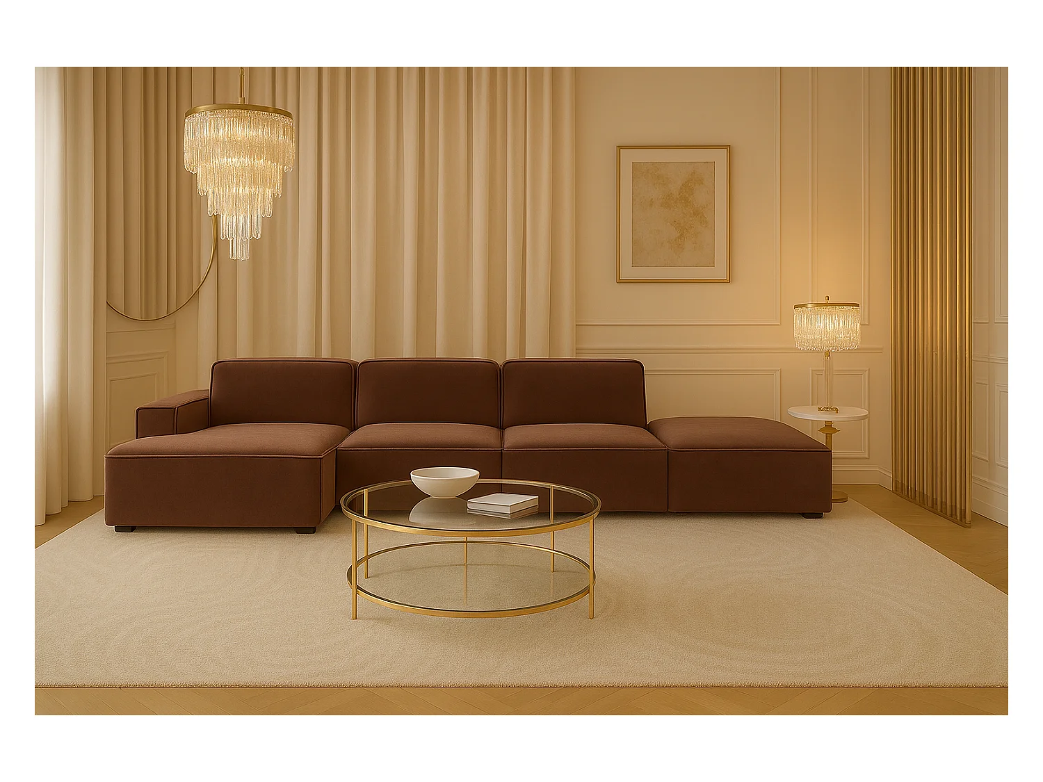 Ecksofa L-Form + Hocker Cursal, Stoff Salvador, Dunkelbraun, Links