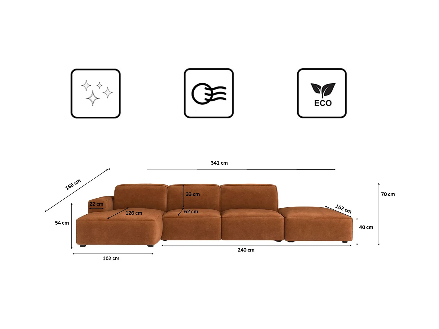 Ecksofa L-Form + Hocker Cursal, Stoff Salvador, Dunkelbraun, Links
