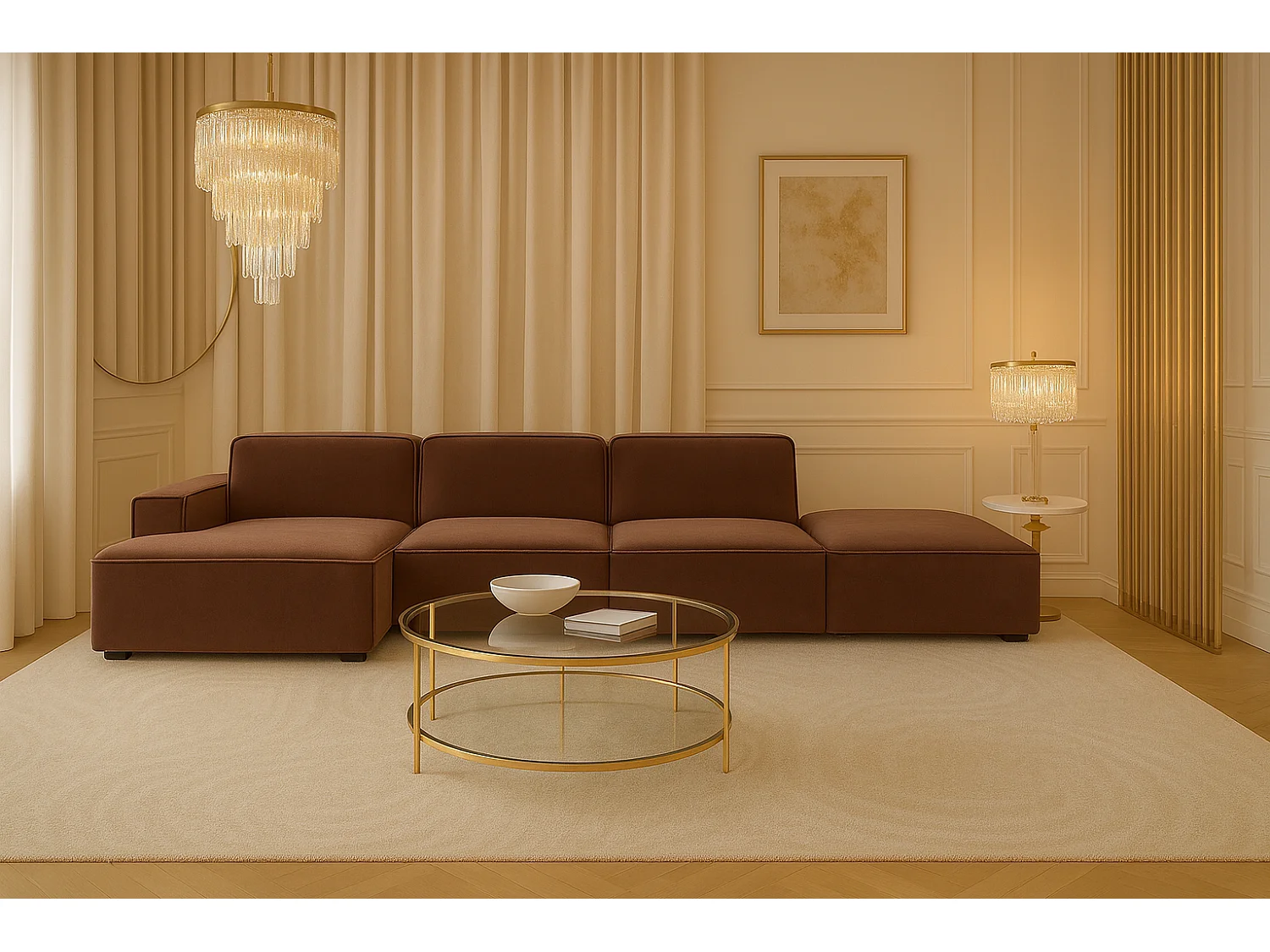 Canapé d'angle en L + tabouret Cursal, tissu Salvador, marron foncé, gauche