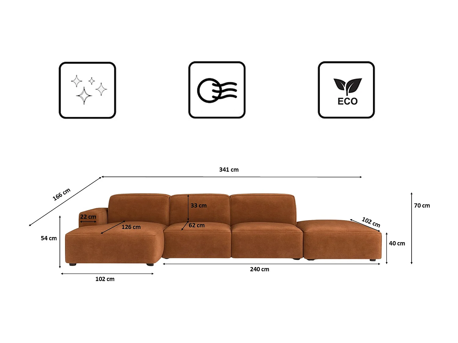 Canapé d'angle en L + tabouret Cursal, tissu Salvador, marron foncé, gauche