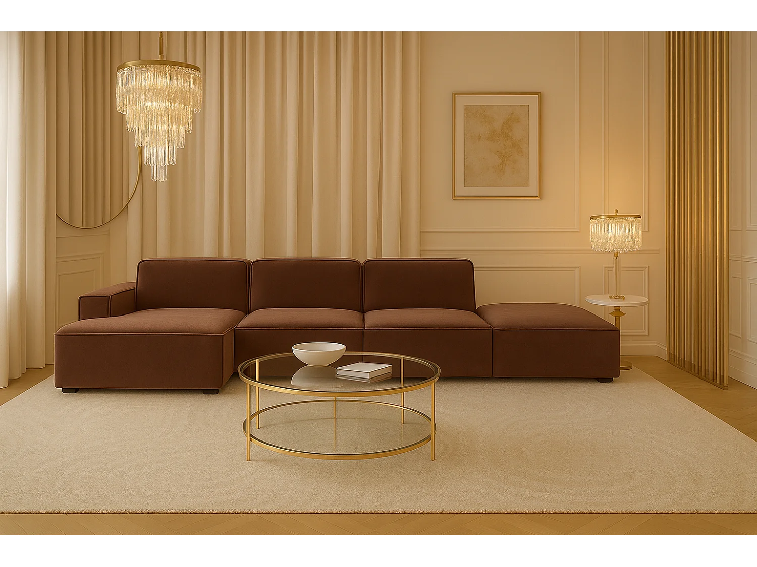 Ecksofa L-Form + Hocker Cursal, Stoff Salvador, Dunkelbraun, Links