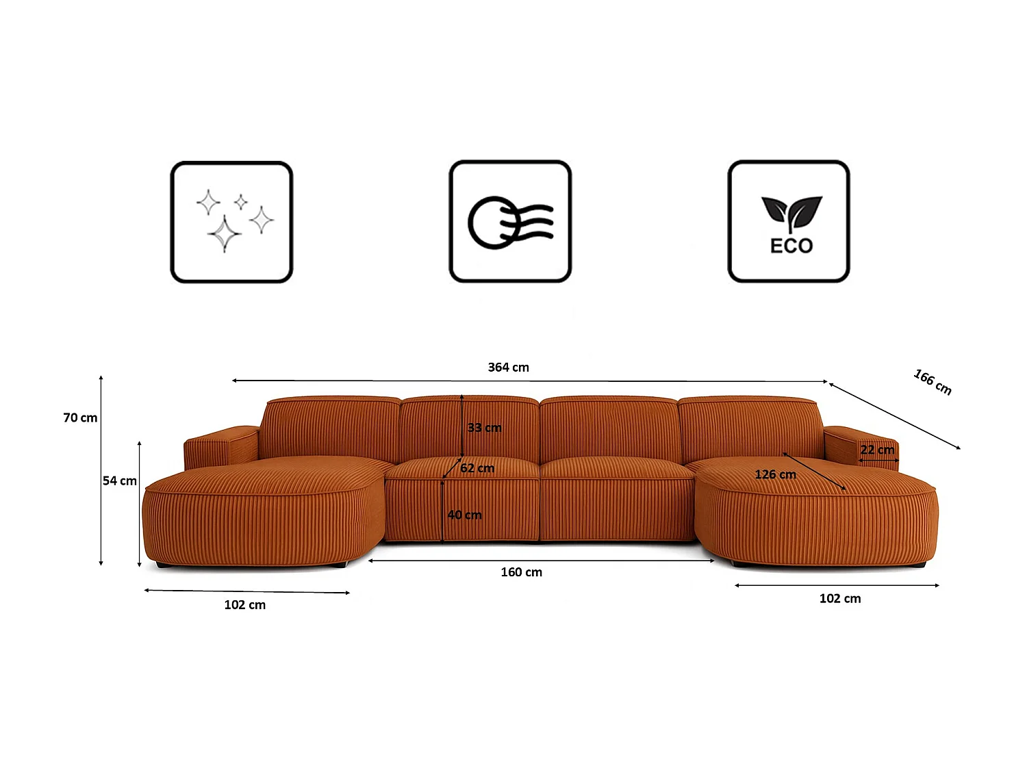 Canapé d'angle en U Round Cursal, tissu Poso, cuivre