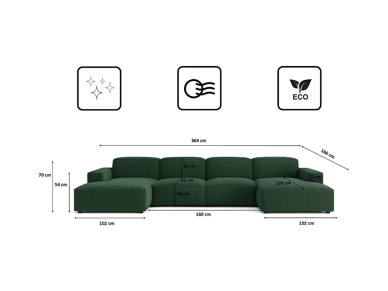 Canapé d'angle en U Cursal, tissu Poso, vert