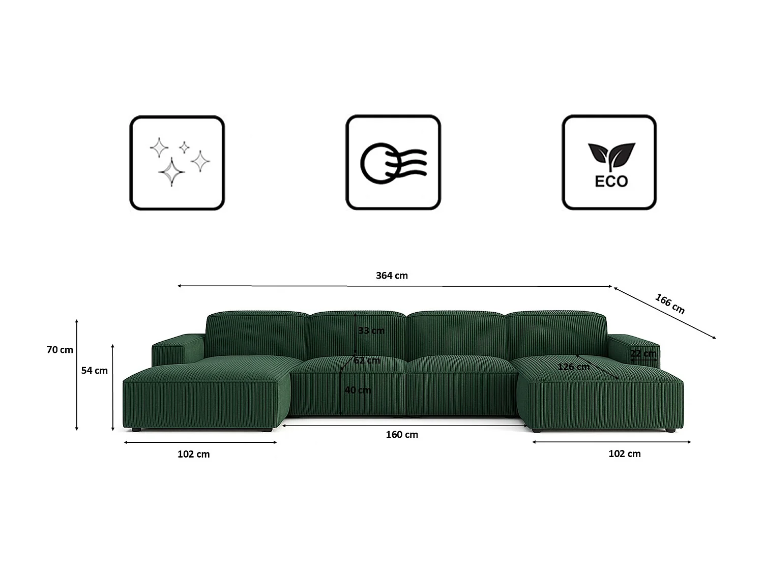 Canapé d'angle en U Cursal, tissu Poso, vert