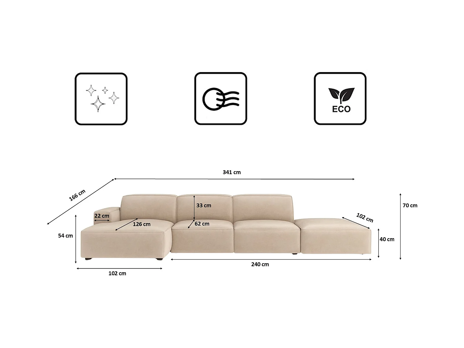 Hoekbank L-vorm + poef Cursal, stof Salvador, beige, links
