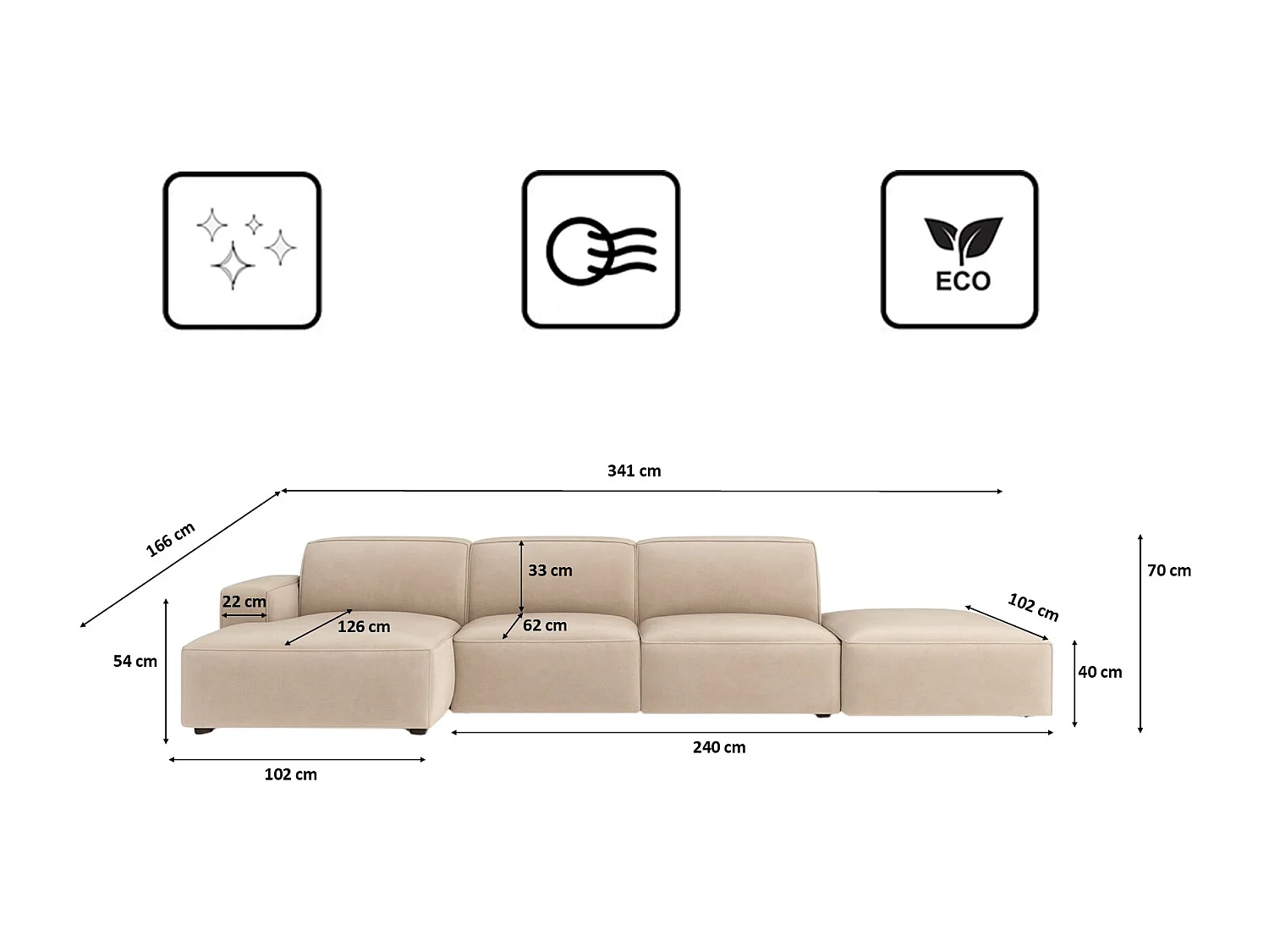 Canapé d'angle en L + tabouret Cursal, tissu Salvador, beige, gauche