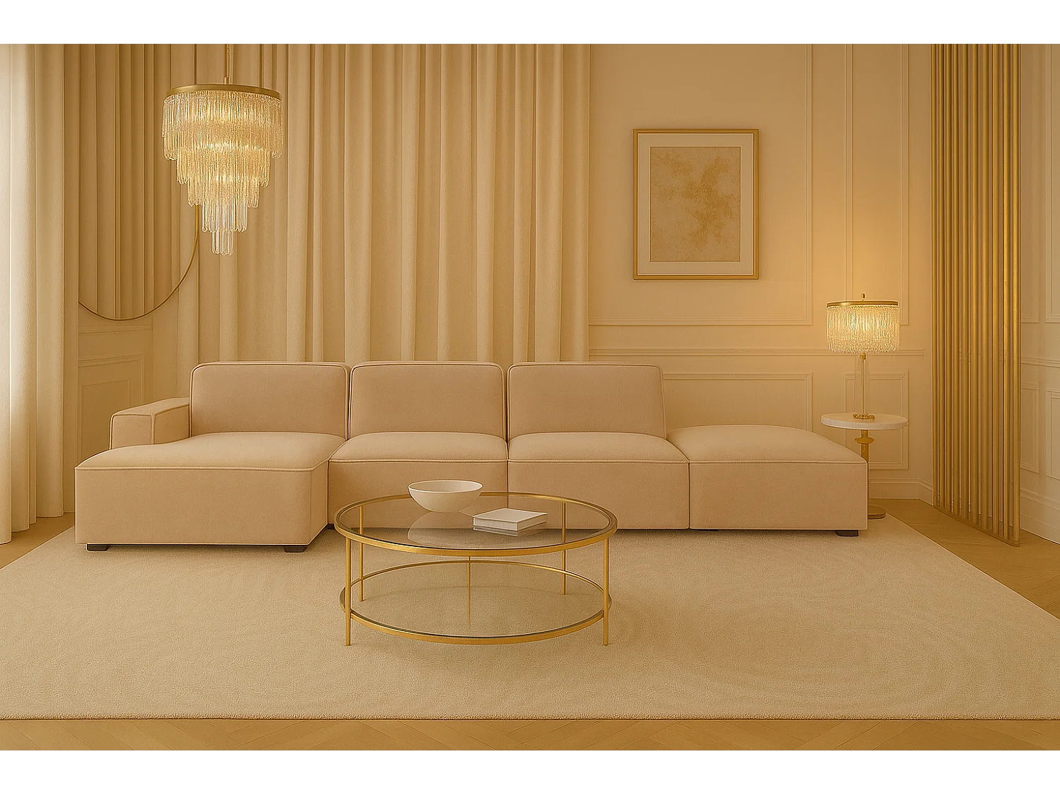 Ecksofa L-Form + Hocker Cursal, Stoff Salvador, Beige, Links