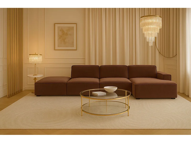 Canapé d'angle en L + tabouret Cursal, tissu Salvador, marron foncé, droit