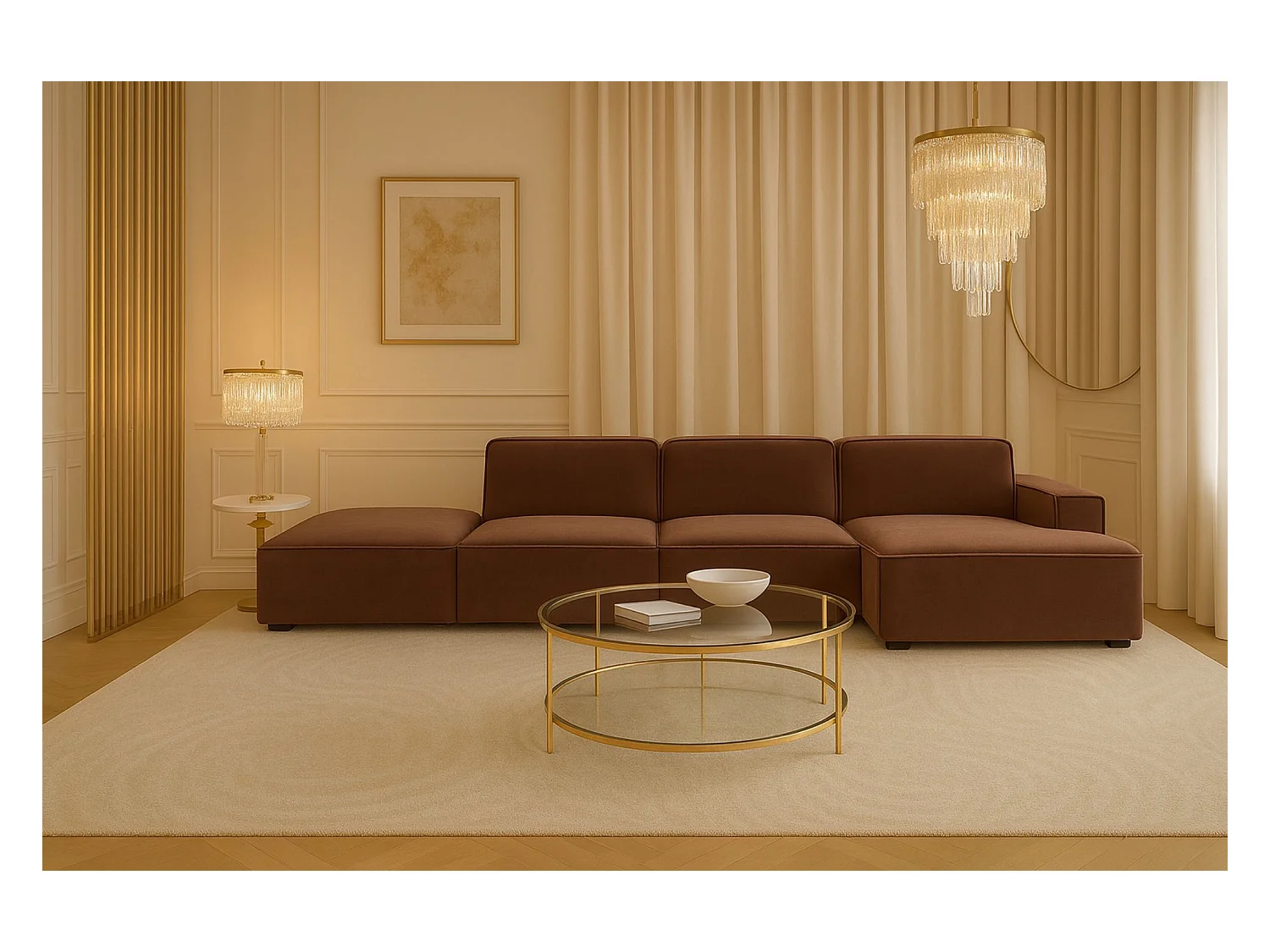 Canapé d'angle en L + tabouret Cursal, tissu Salvador, marron foncé, droit