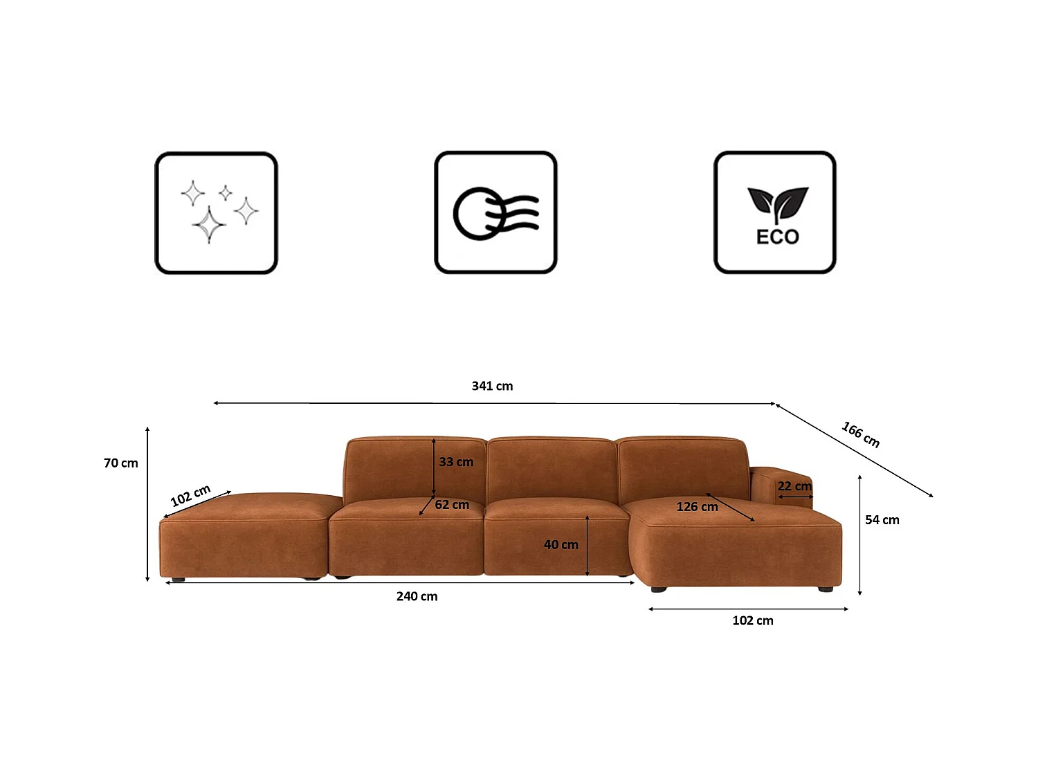 Canapé d'angle en L + tabouret Cursal, tissu Salvador, marron foncé, droit