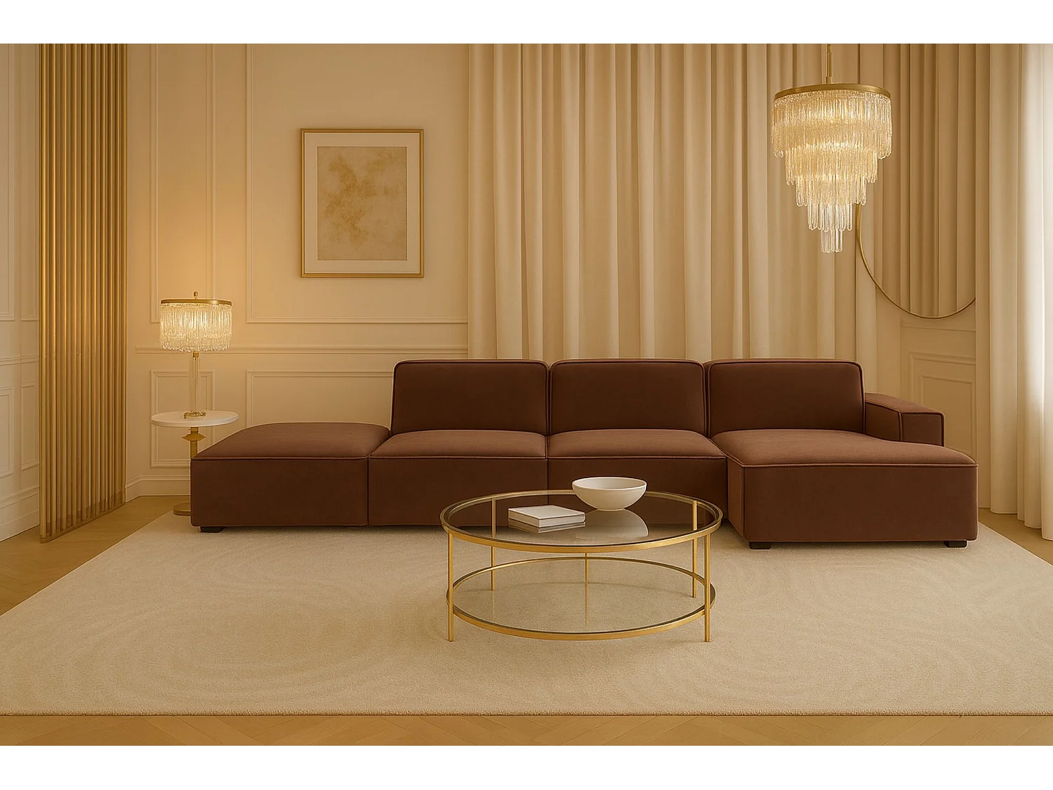 Canapé d'angle en L + tabouret Cursal, tissu Salvador, marron foncé, droit