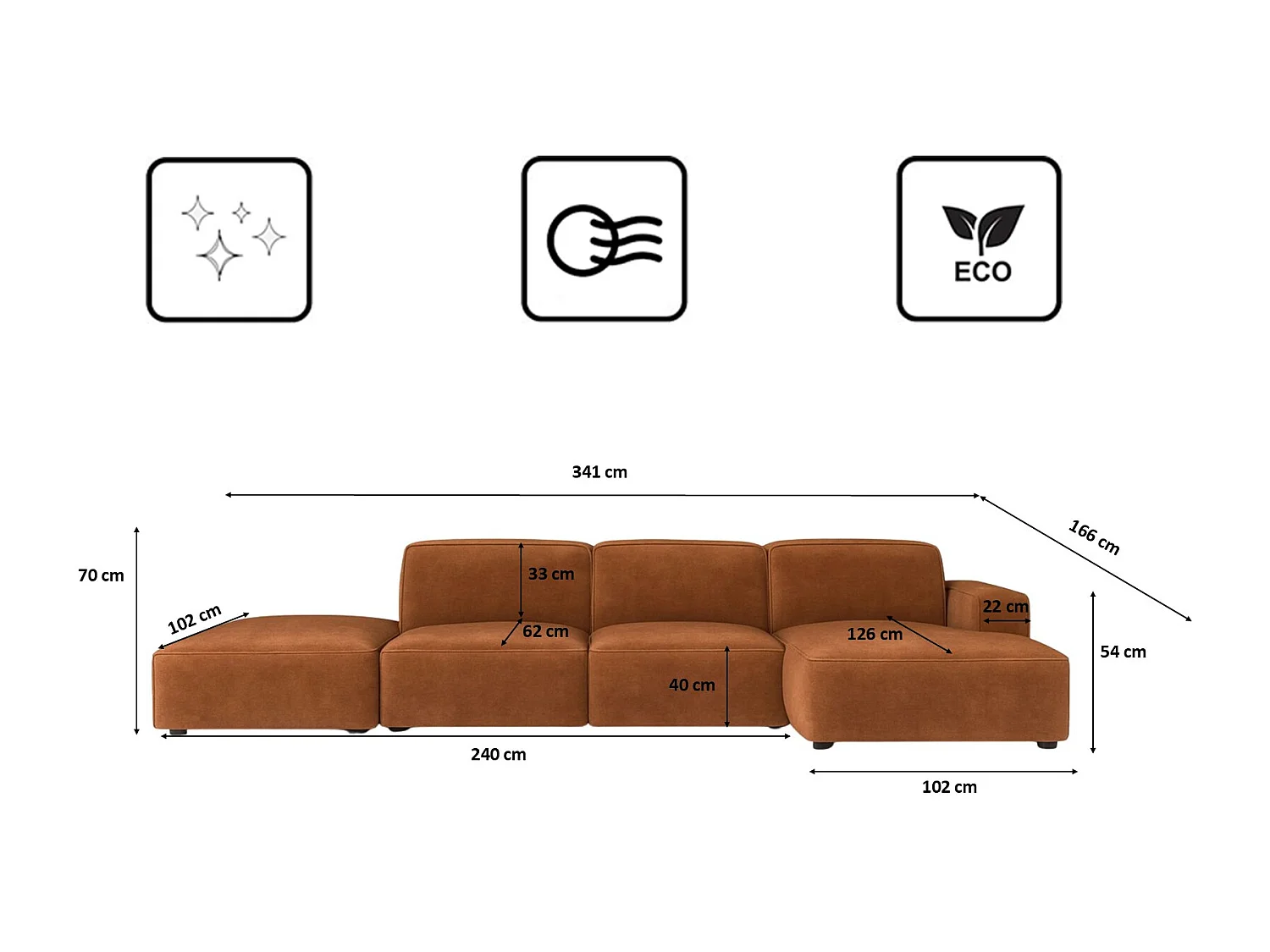 Canapé d'angle en L + tabouret Cursal, tissu Salvador, marron foncé, droit