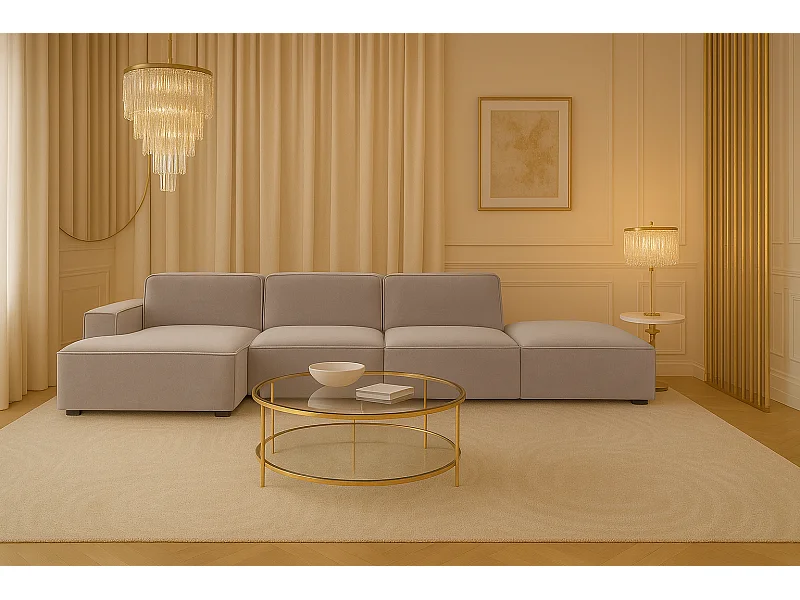 Canapé d'angle en L + tabouret Cursal, tissu Salvador, gris, gauche