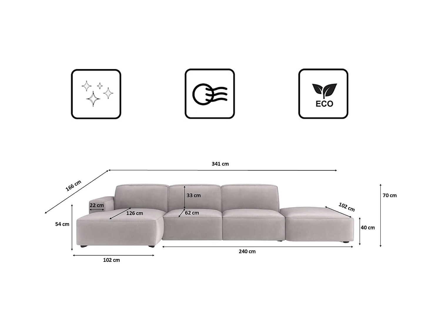 Hoekbank L-vorm + poef Cursal, stof Salvador, grijs, links