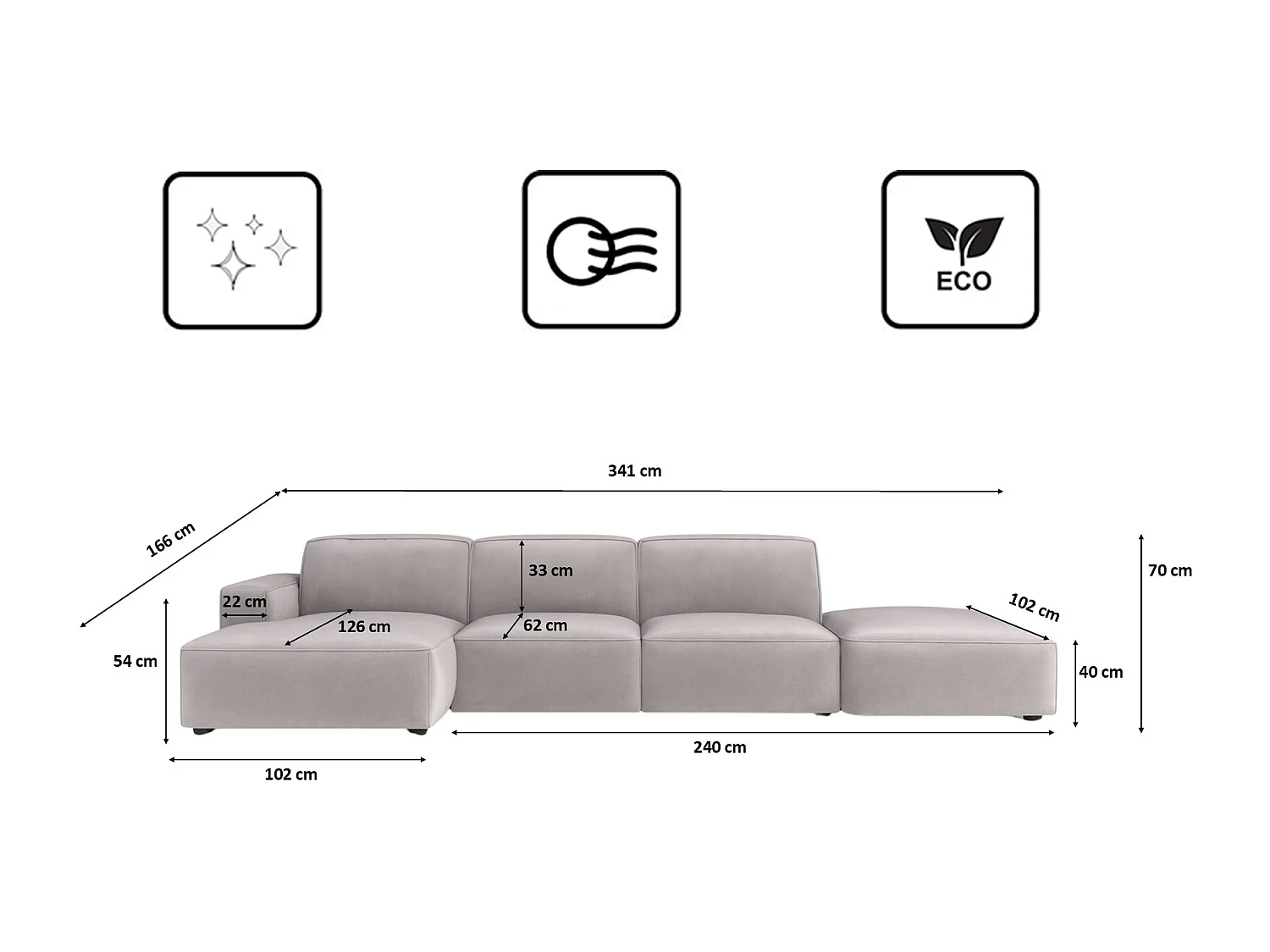 Canapé d'angle en L + tabouret Cursal, tissu Salvador, gris, gauche