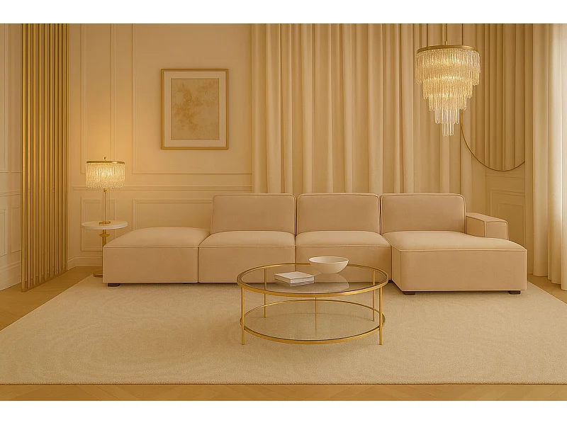 Canapé d'angle en L + tabouret Cursal, tissu Salvador, beige, droit