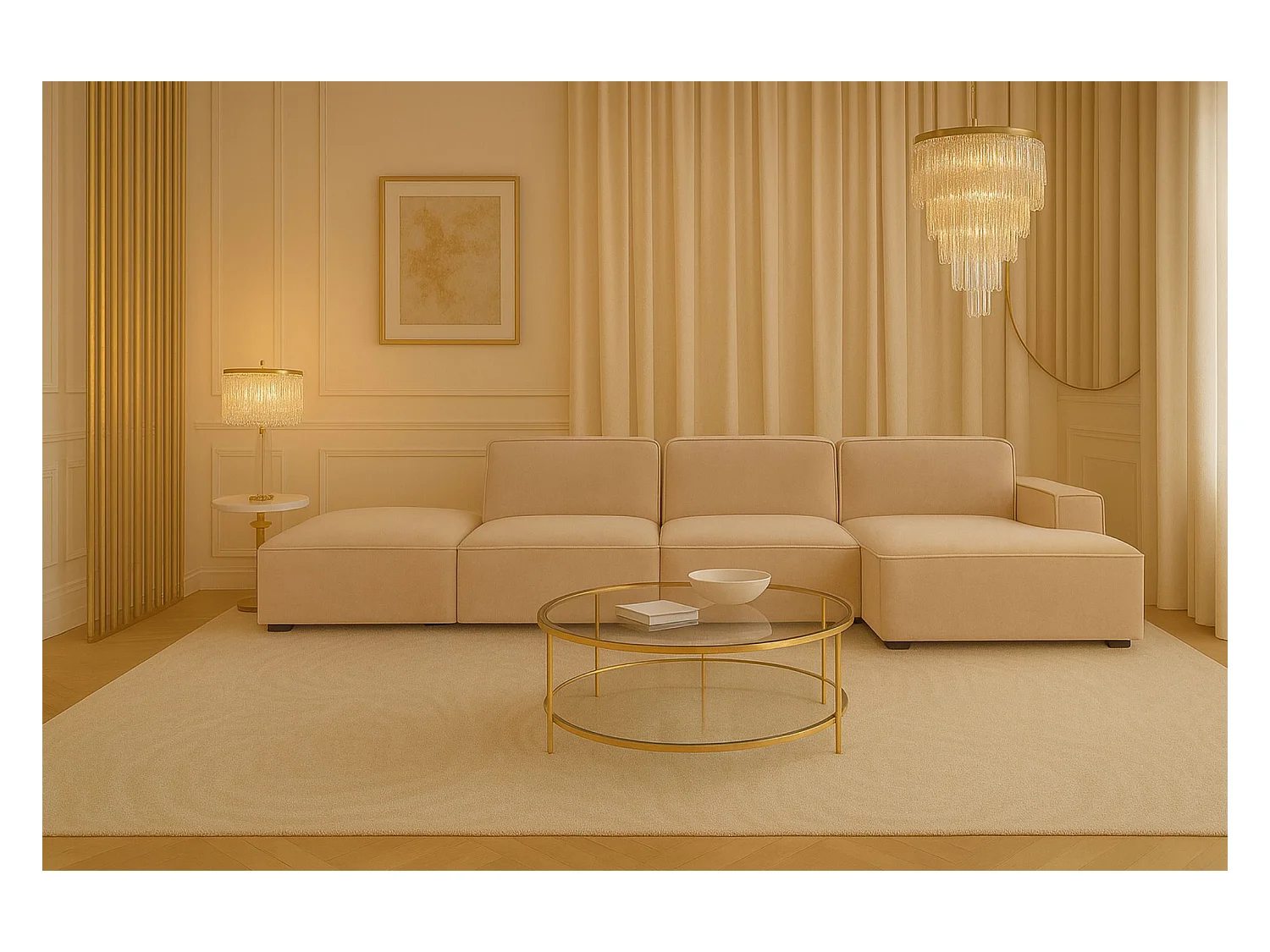 Hoekbank L-vorm + poef Cursal, stof Salvador, beige, rechts