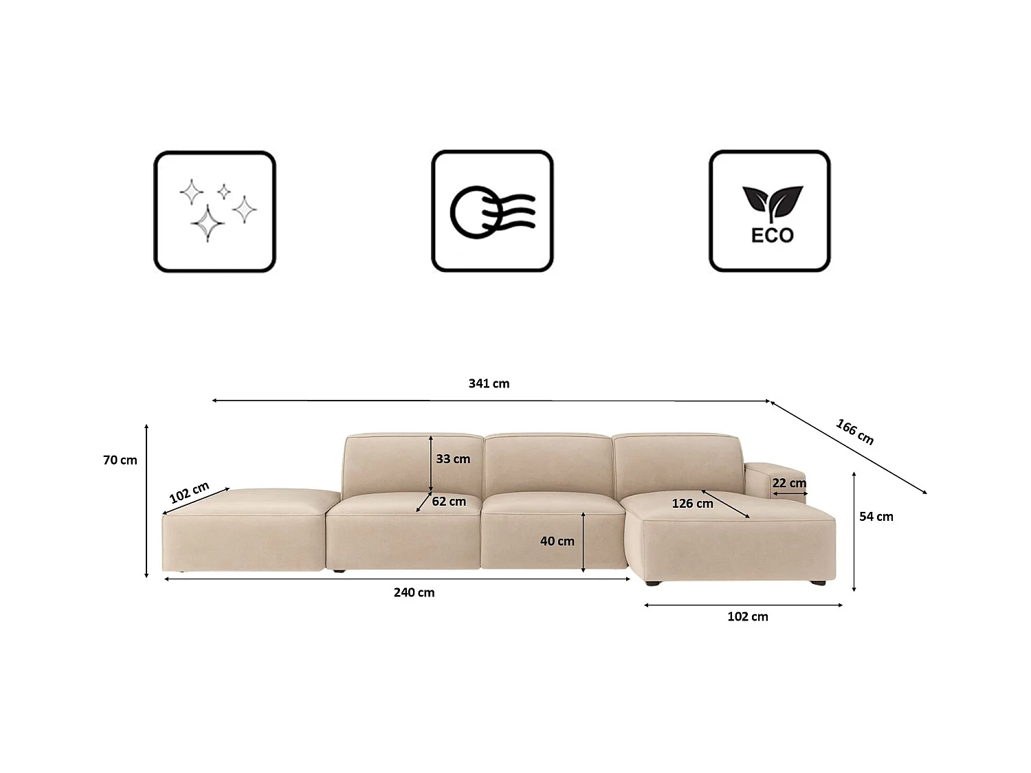 Hoekbank L-vorm + poef Cursal, stof Salvador, beige, rechts