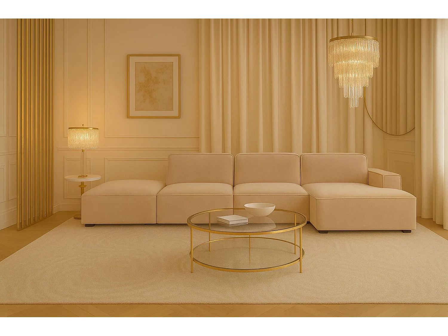 Canapé d'angle en L + tabouret Cursal, tissu Salvador, beige, droit