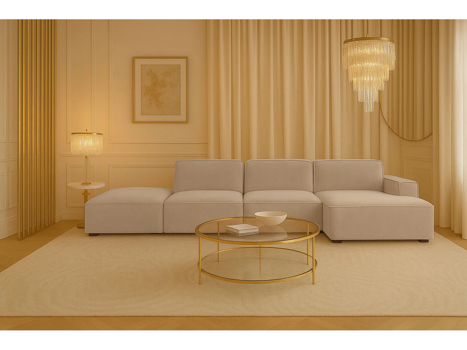 Canapé d'angle en L + tabouret Cursal, tissu Salvador, beige, droit