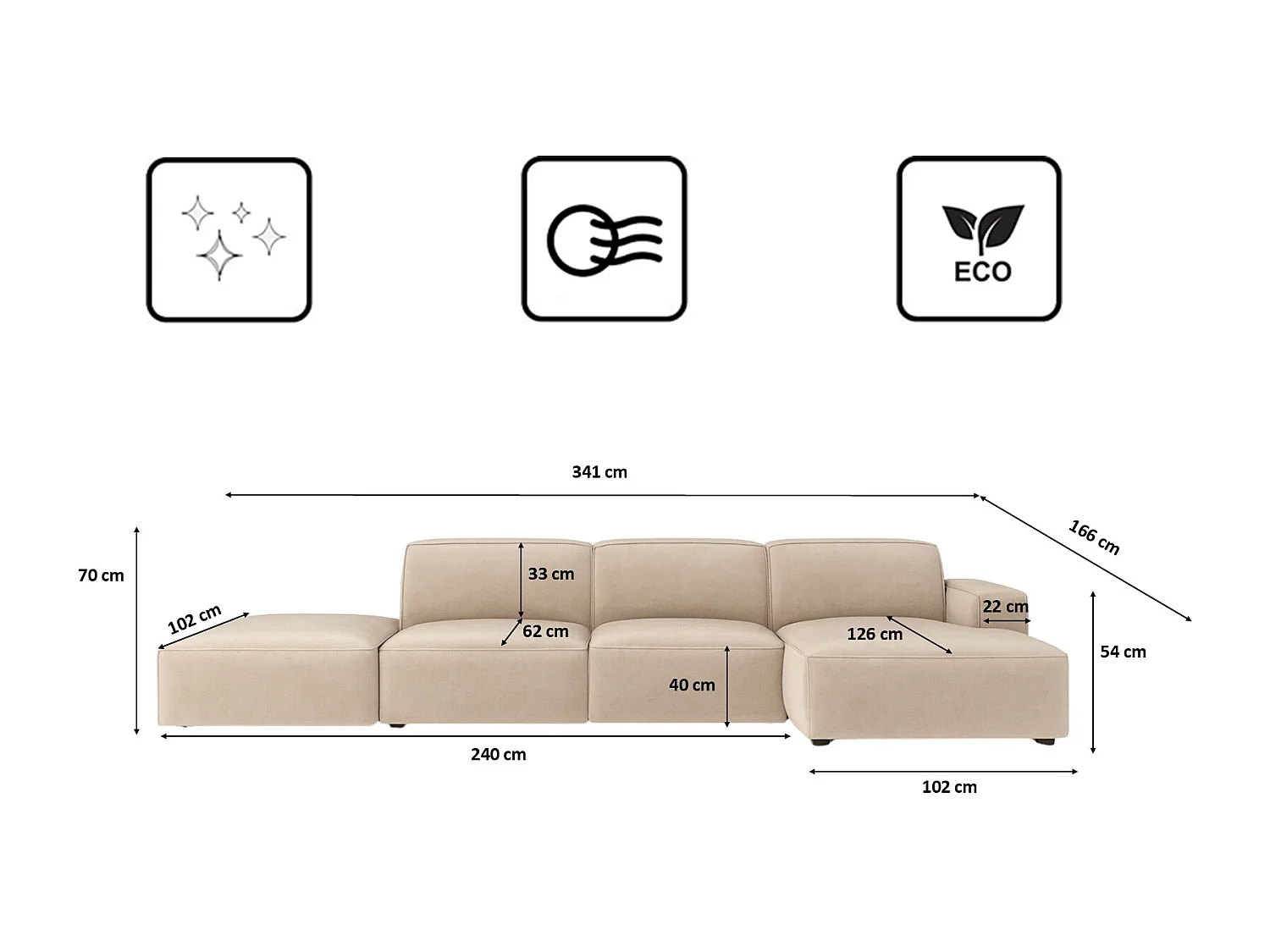 Canapé d'angle en L + tabouret Cursal, tissu Salvador, beige, droit
