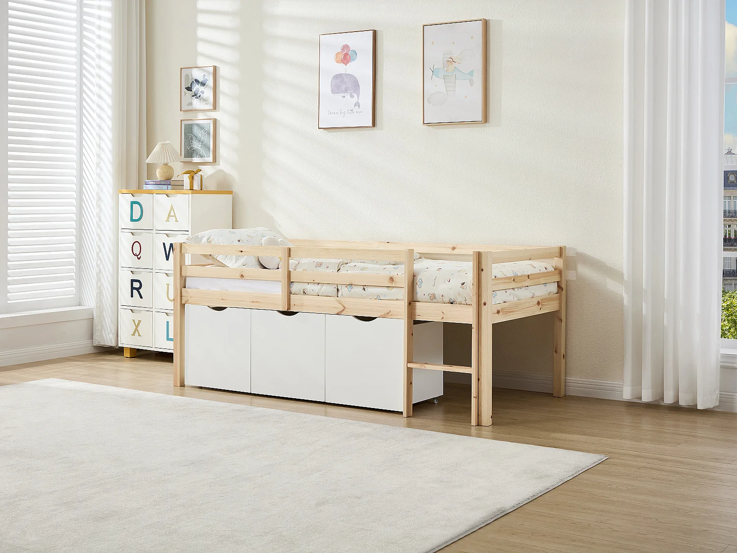 Lit mi-hauteur 90 x 190 cm avec rangement - Pin et MDF - Coloris : Naturel et blanc + Matelas - LANIORI