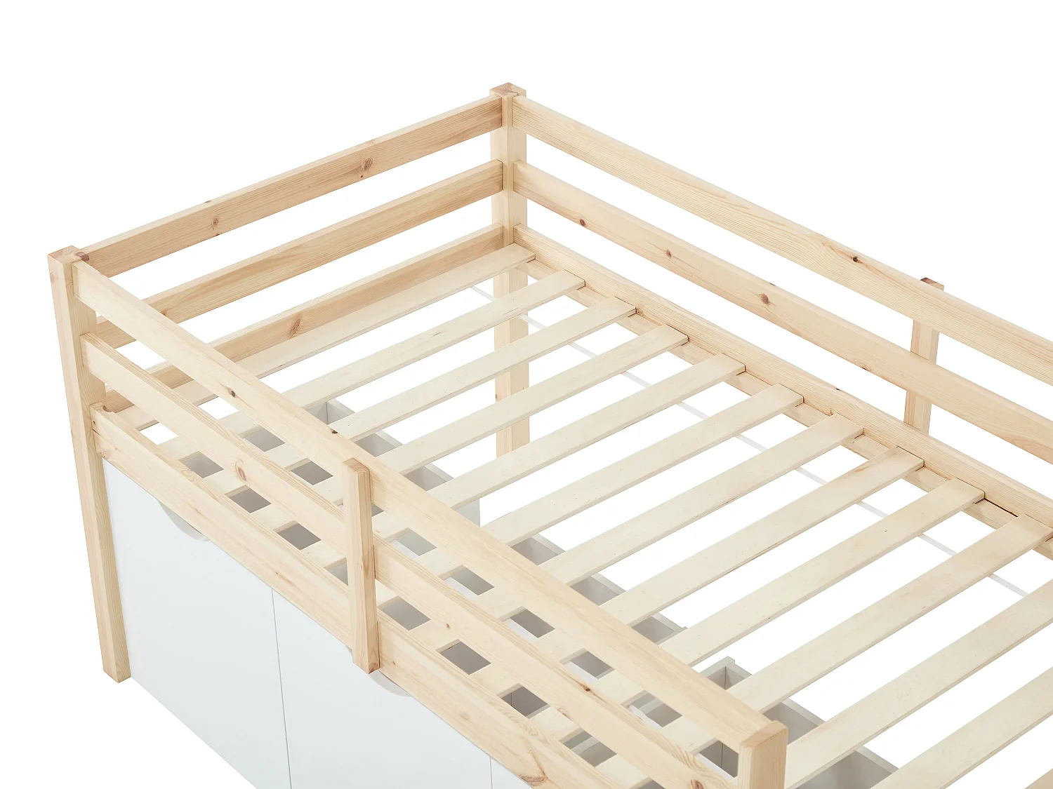 Lit mi-hauteur 90 x 190 cm avec rangement - Pin et MDF - Coloris : Naturel et blanc + Matelas - LANIORI