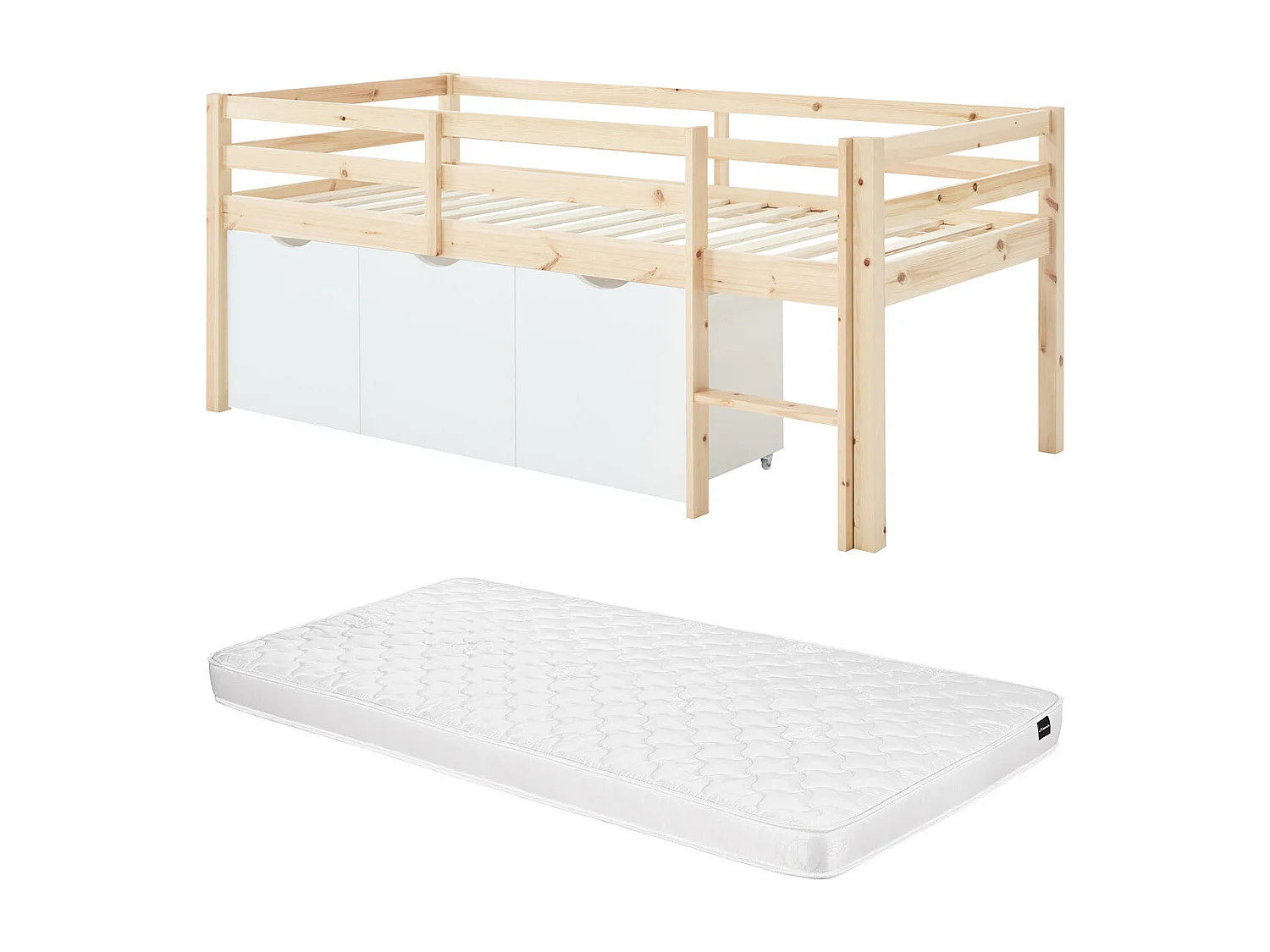 Lit mi-hauteur 90 x 190 cm avec rangement - Pin et MDF - Coloris : Naturel et blanc + Matelas - LANIORI