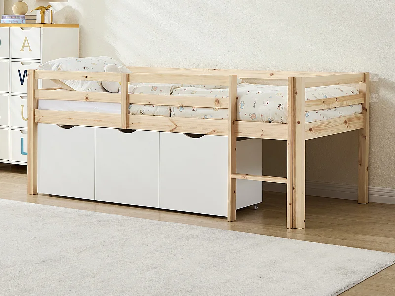 Letto mezza altezza 90 x 190 cm con contenitore - Pino e MDF - Naturale e bianco + Materasso - LANIORI