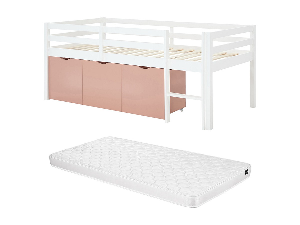 Halbhohes Bett 90 x 190 cm – Mit Stauraum + Matratze – Kiefer & MDF – Weiß/ günstig online kaufen