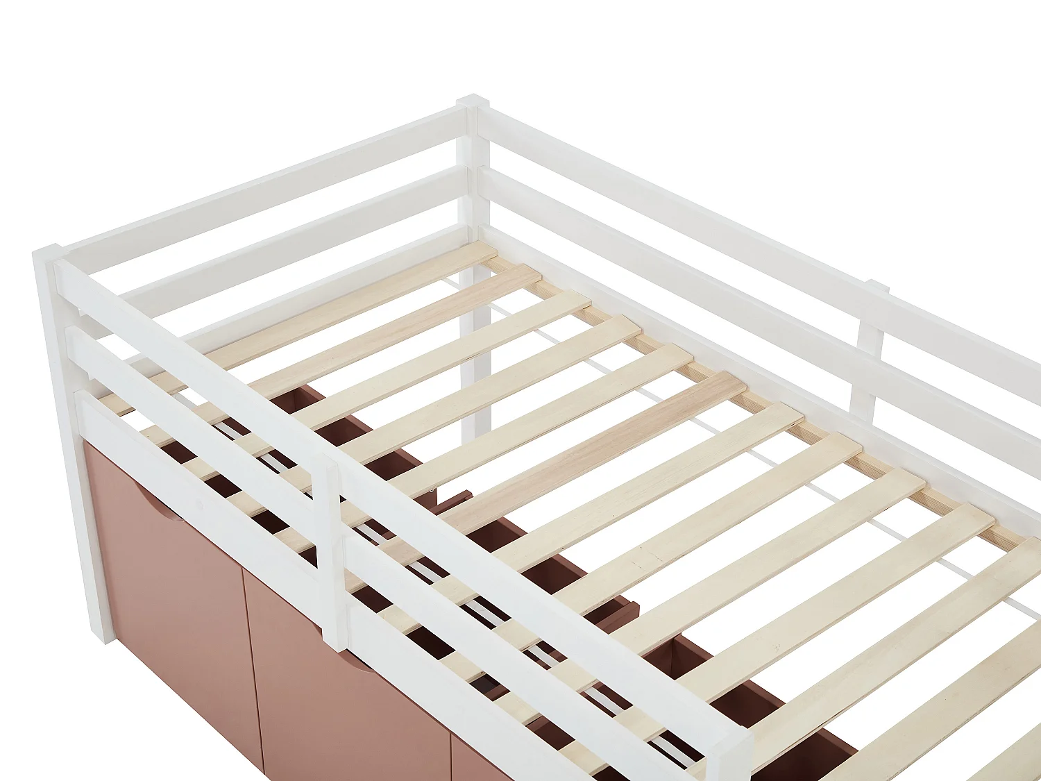 Lit mi-hauteur 90 x 190 cm avec rangement - Pin et MDF - Blanc et rose + Matelas - LANIORI