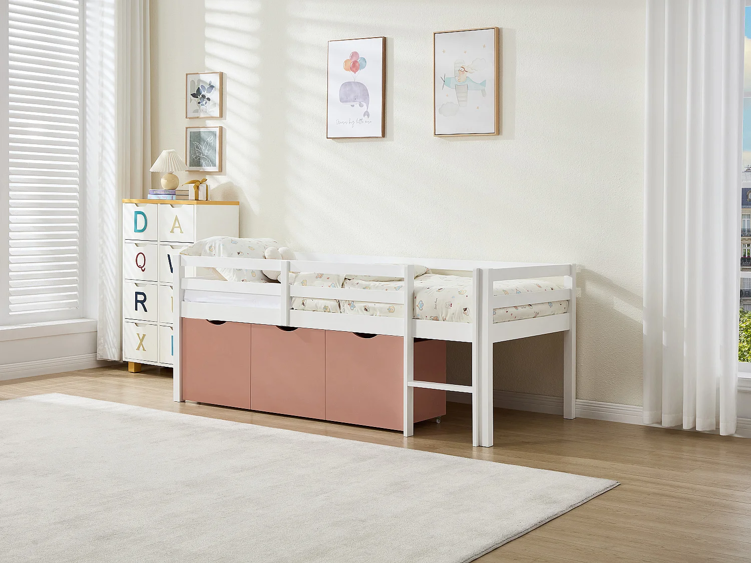 Lit mi-hauteur 90 x 190 cm avec rangement - Pin et MDF - Blanc et rose + Matelas - LANIORI