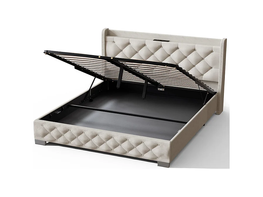 Hiazurm Boxspring 140x200 cm - Lit avec 680L d'Espace de Rangement - Tête de Lit Rembourrée en Velours - Éclairage LED RGB avec 64 Couleurs