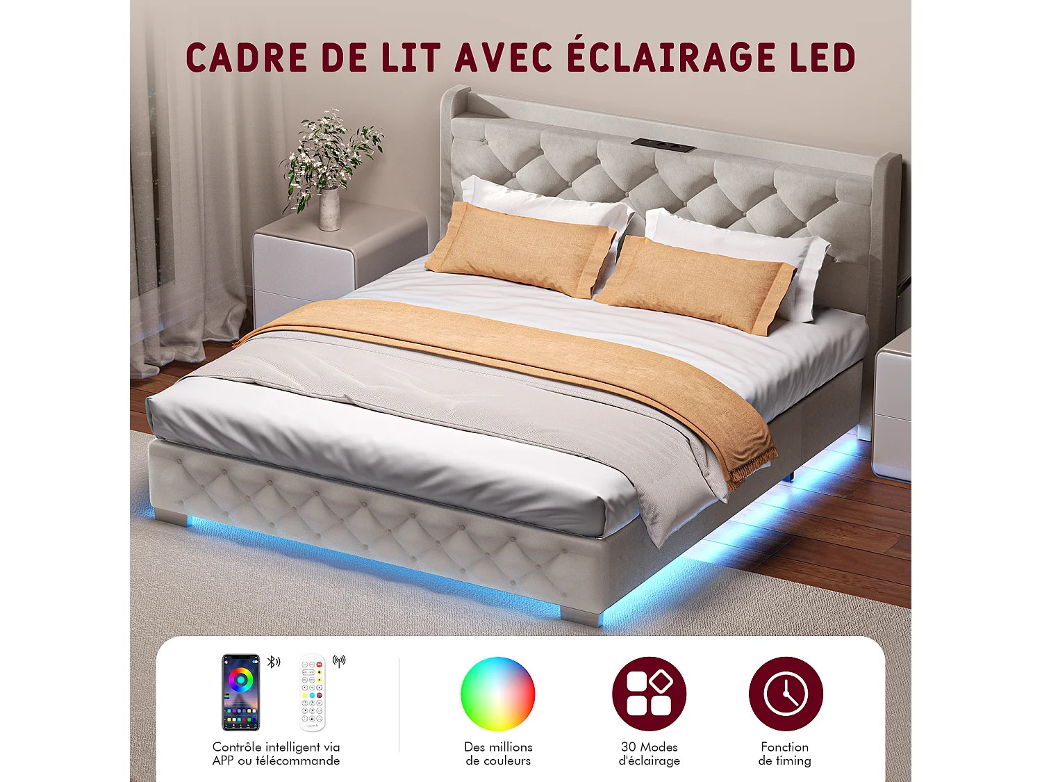 Hiazurm Boxspring 140x200 cm - Lit avec 680L d'Espace de Rangement - Tête de Lit Rembourrée en Velours - Éclairage LED RGB avec 64 Couleurs