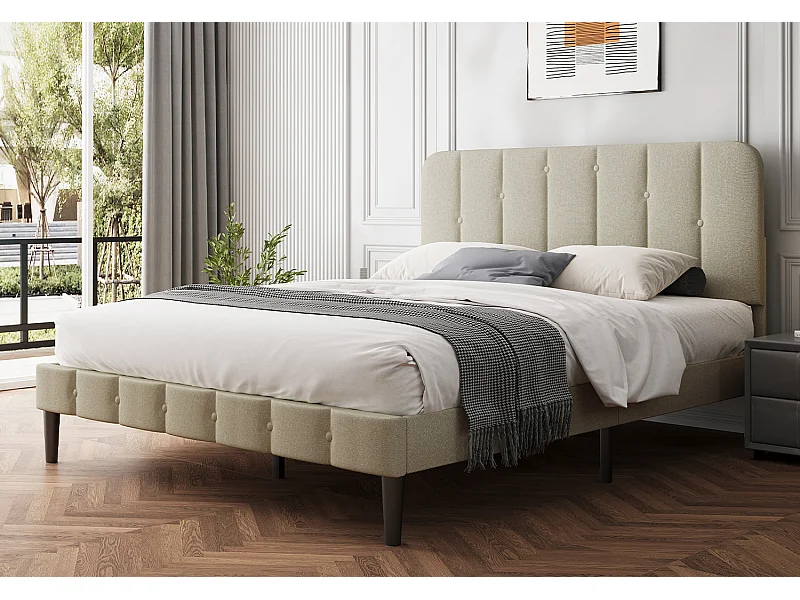 Hiazurm Lit - Lit Double 140x200 cm - Avec Tête de Lit en Toile Grise - Cadre en Acier Renforcé - Sommier à Lattes en Bois Massif