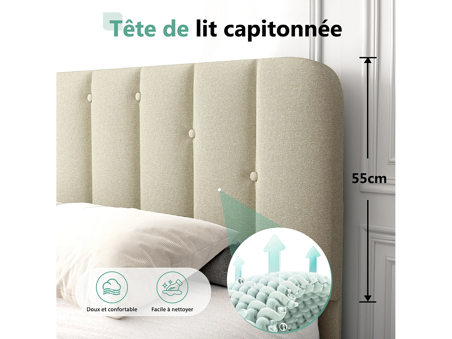 Hiazurm Lit - Lit Double 140x200 cm - Avec Tête de Lit en Toile Grise - Cadre en Acier Renforcé - Sommier à Lattes en Bois Massif