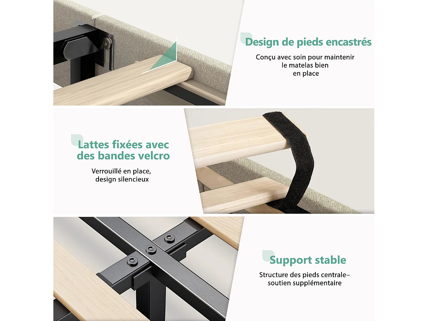 Hiazurm Lit - Lit Double 140x200 cm - Avec Tête de Lit en Toile Grise - Cadre en Acier Renforcé - Sommier à Lattes en Bois Massif