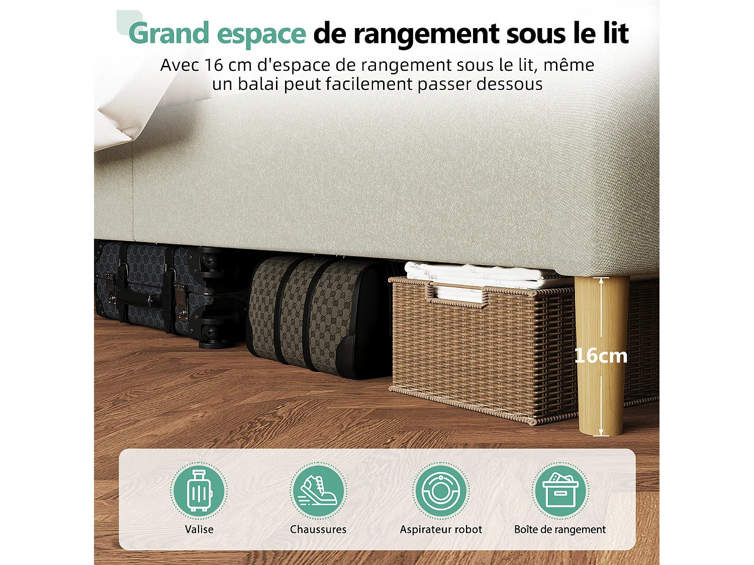 Hiazurm Lit - Lit Double 140x200 cm - Avec Tête de Lit en Toile Grise - Cadre en Acier Renforcé - Sommier à Lattes en Bois Massif