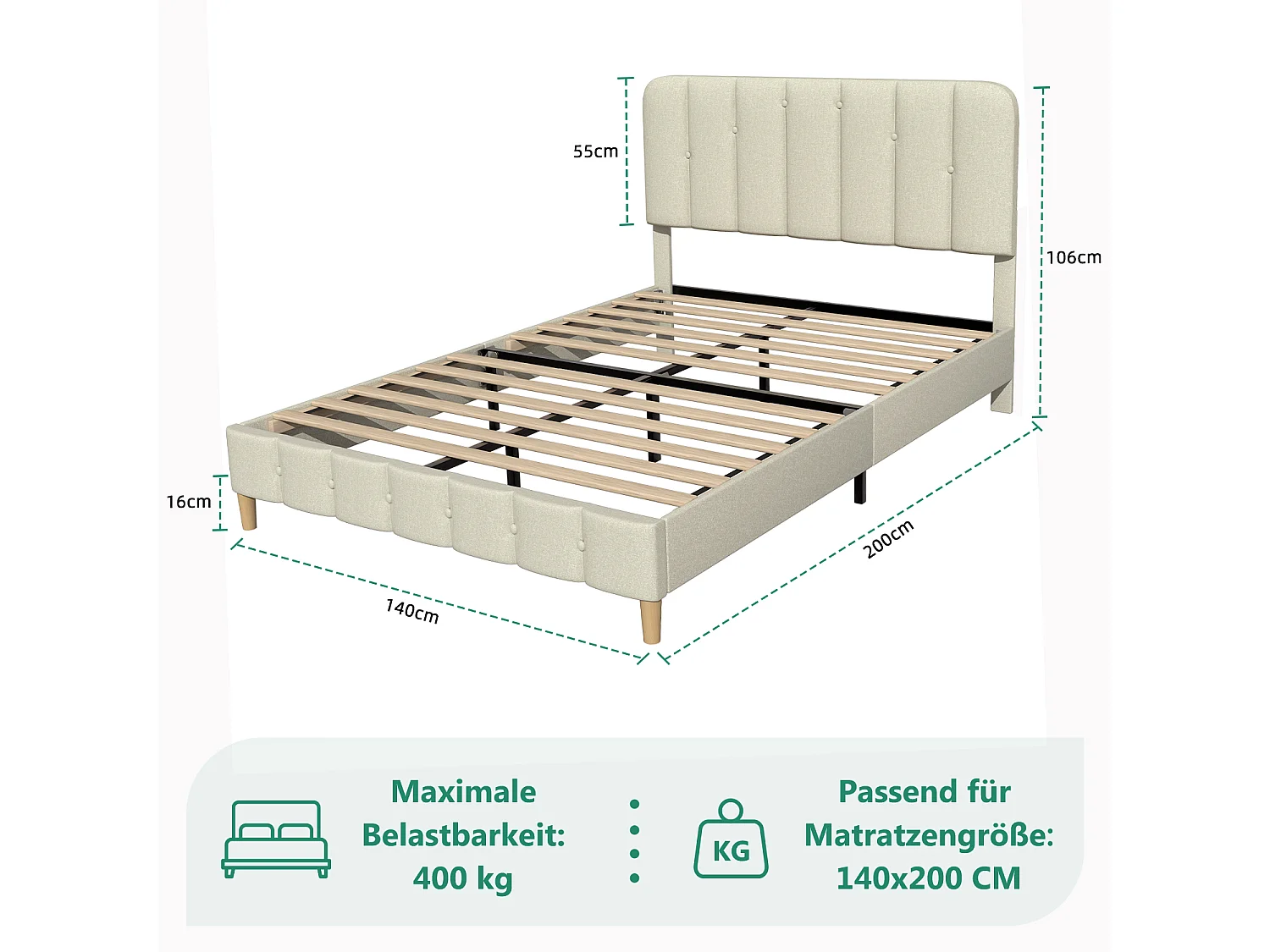 Hiazurm Lit - Lit Double 140x200 cm - Avec Tête de Lit en Toile Grise - Cadre en Acier Renforcé - Sommier à Lattes en Bois Massif