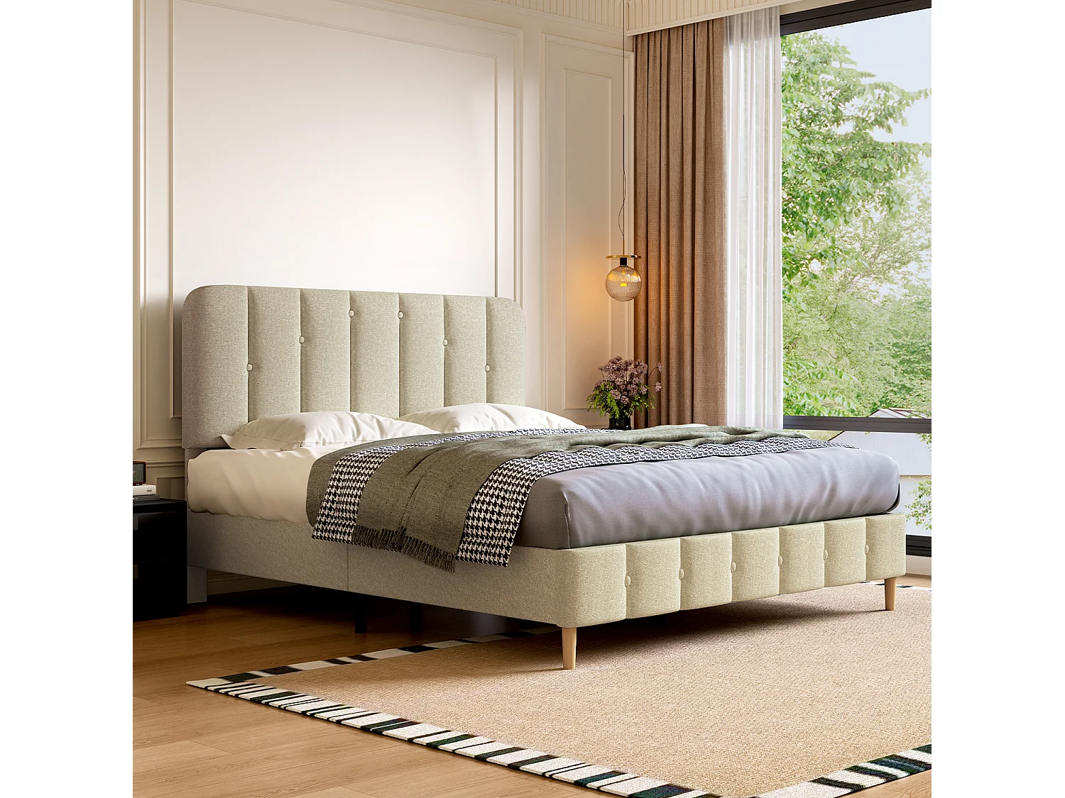 Hiazurm Lit - Lit Double 140x200 cm - Avec Tête de Lit en Toile Grise - Cadre en Acier Renforcé - Sommier à Lattes en Bois Massif