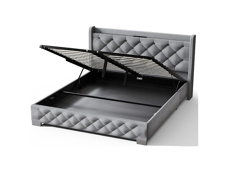 Hiazurm Boxspring 140x200 cm - Lit avec 680L d'Espace de Rangement - Tête de Lit Rembourrée en Velours - Éclairage LED RGB avec 64 Couleurs